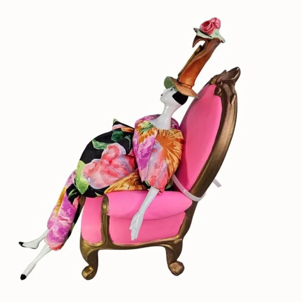 Poupee Millet Art Doll Floral Dress With Headpiece On Pink Chair Signed Vtg READ
